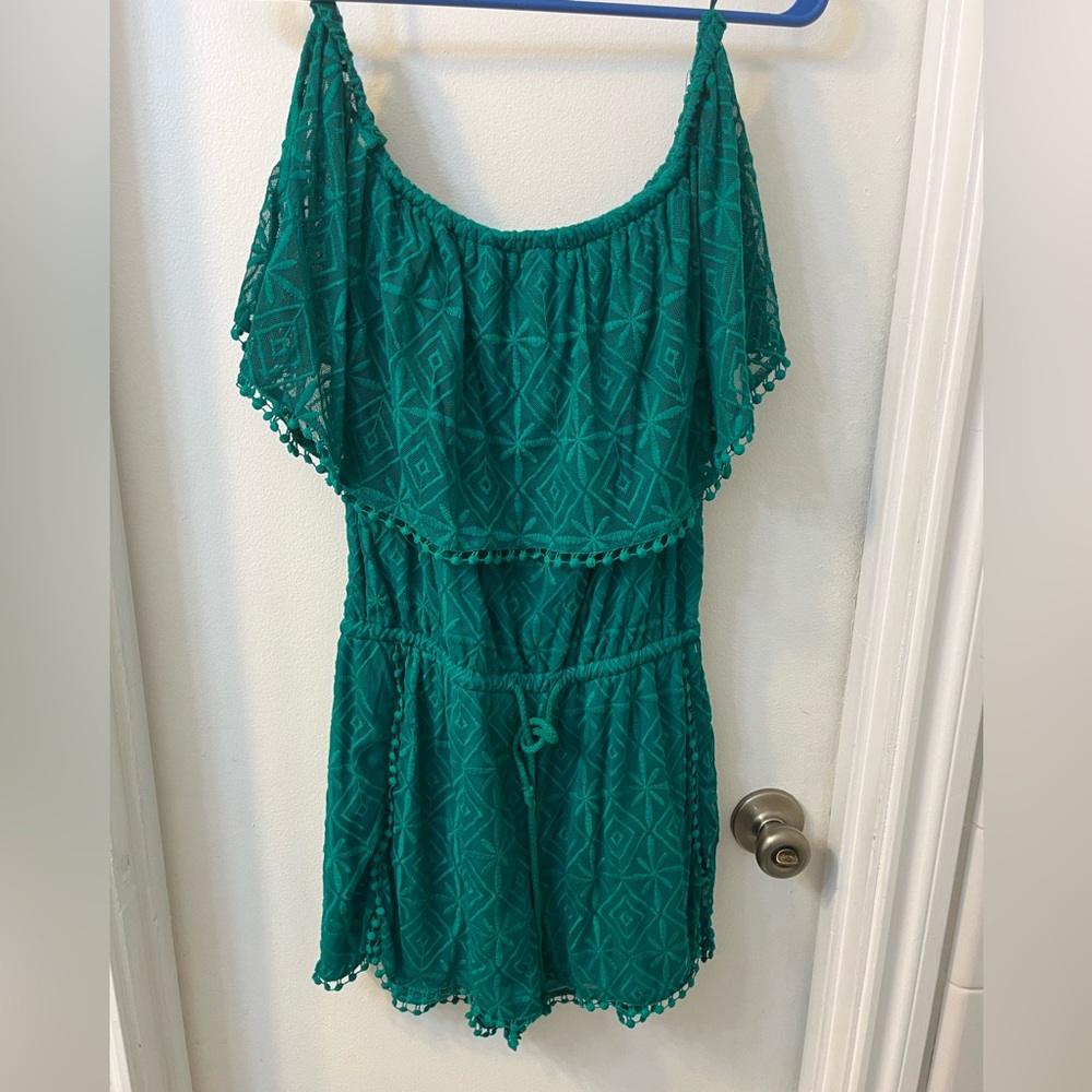 Teal Off-Shoulder Dress with Geometric Pattern